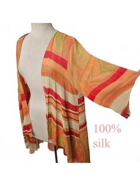 100% silk striped kimono cardigan duster, orange red green, boho fairy summer